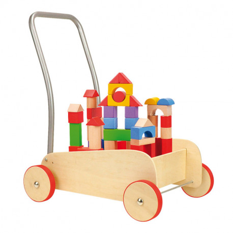 Chariot de marche en bois-cubes de construction 12 mois